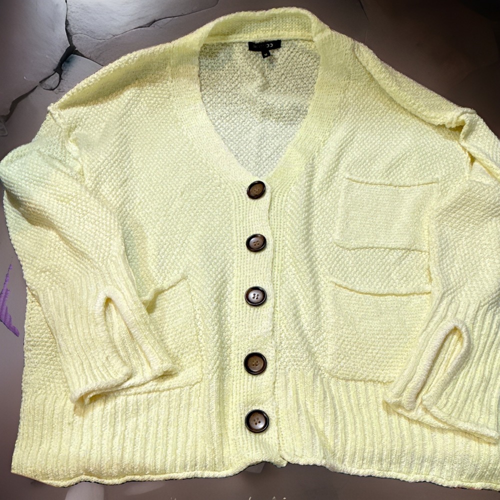 PAPERMOON Yellow Solid Knit V-Neck Button Front Cardigan Sweater Pockets M